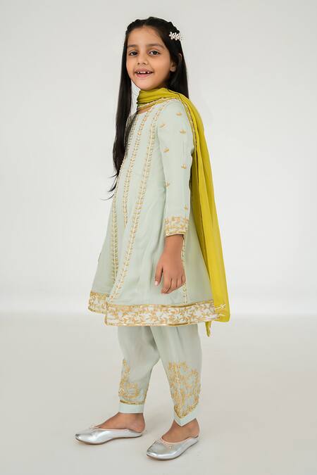 EASE_Green Satin, Organza, Viscose Embroidery Leaf Line Anarkali Salwar Set _Online_at_Aza_Fashions