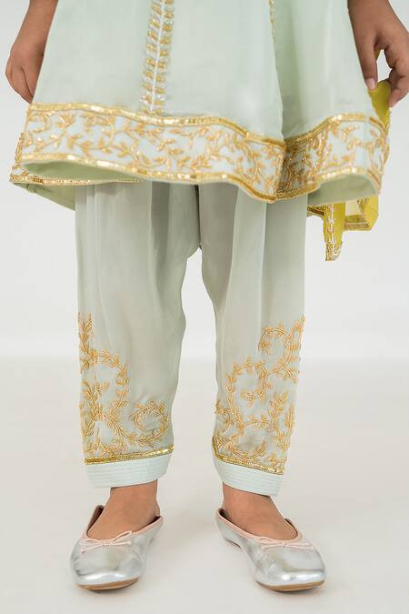 Shop_EASE_Green Satin, Organza, Viscose Embroidery Leaf Line Anarkali Salwar Set _Online_at_Aza_Fashions