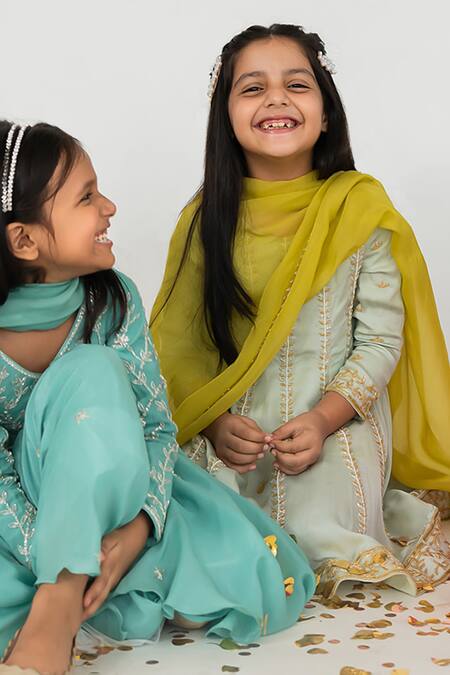 EASE_Green Satin, Organza, Viscose Embroidery Leaf Line Anarkali Salwar Set _at_Aza_Fashions