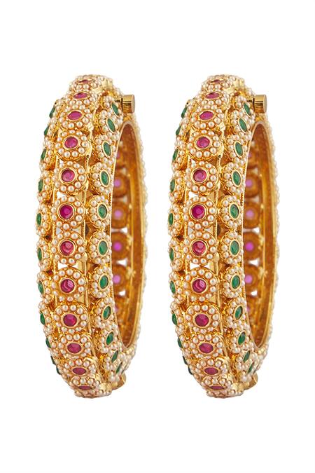 Shop_Vivinia By Vidhi Mehra_Multi Color Pearls, Stones Floral Butti Kundan Embellished Bangles- Set Of 2 _Online_at_Aza_Fashions