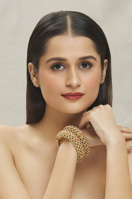 Vivinia By Vidhi Mehra_Multi Color Pearls, Stones Floral Butti Kundan Embellished Bangles- Set Of 2 _at_Aza_Fashions