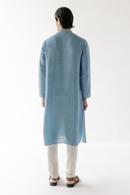 Shop Roohbyridhimaa Blue Cotton, Silk Zari Aitbaar Embroidered Placket Kurta Set at Aza Fashions Shop_Roohbyridhimaa_Blue Cotton, Silk Zari Aitbaar Embroidered Placket Kurta Set _at_Aza_Fashions