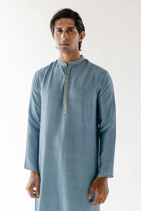 Buy Roohbyridhimaa Blue Cotton, Silk Zari Aitbaar Embroidered Placket Kurta Set Online at Aza Fashions Buy_Roohbyridhimaa_Blue Cotton, Silk Zari Aitbaar Embroidered Placket Kurta Set _Online_at_Aza_Fashions