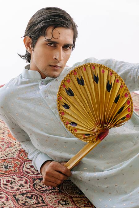 Shop_Roohbyridhimaa_Blue Cotton, Silk, Linen Embroidery Arsh Floral Motif Kurta Set _Online_at_Aza_Fashions