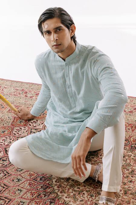 Roohbyridhimaa_Blue Cotton, Silk, Linen Embroidery Arsh Floral Motif Kurta Set _at_Aza_Fashions