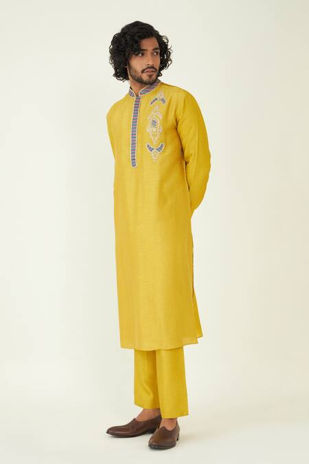 Buy_Roohbyridhimaa_Yellow Viscose, Silk Embroidery Ayaan Kurta Set _Online_at_Aza_Fashions