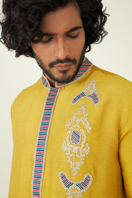 Roohbyridhimaa_Yellow Viscose, Silk Embroidery Ayaan Kurta Set _at_Aza_Fashions