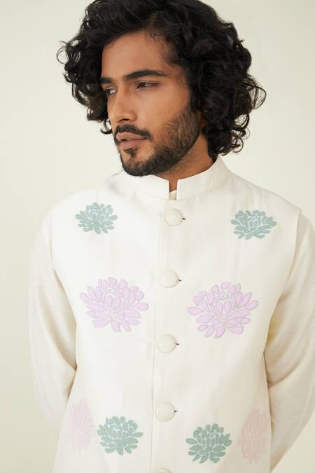 Shop Roohbyridhimaa Ivory Chanderi Silk Embroidery Pastel Resham Bundi Online at Aza Fashions Shop_Roohbyridhimaa_Ivory Chanderi Silk Embroidery Pastel Resham Bundi _Online_at_Aza_Fashions