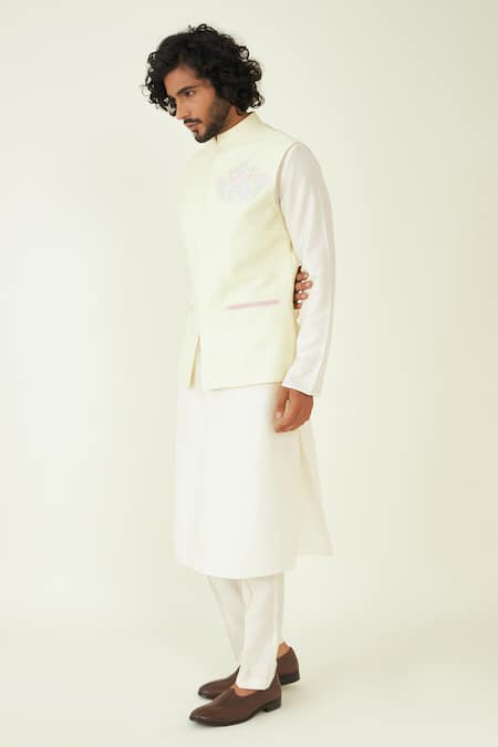 Roohbyridhimaa Yellow Chanderi Silk Embroidery Pastel Floral Bundi Online at Aza Fashions Roohbyridhimaa_Yellow Chanderi Silk Embroidery Pastel Floral Bundi _Online_at_Aza_Fashions