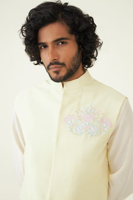 Buy Roohbyridhimaa Yellow Chanderi Silk Embroidery Pastel Floral Bundi Online at Aza Fashions Buy_Roohbyridhimaa_Yellow Chanderi Silk Embroidery Pastel Floral Bundi _Online_at_Aza_Fashions