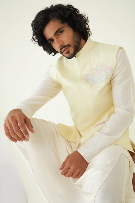 Shop Roohbyridhimaa Yellow Chanderi Silk Embroidery Pastel Floral Bundi Online at Aza Fashions Shop_Roohbyridhimaa_Yellow Chanderi Silk Embroidery Pastel Floral Bundi _Online_at_Aza_Fashions