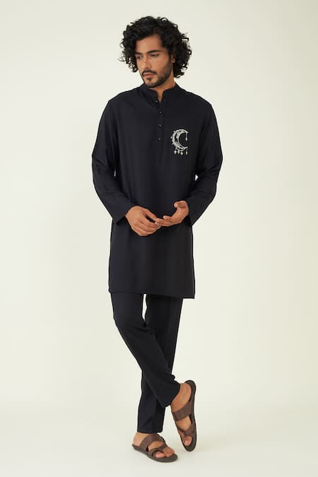 Roohbyridhimaa Black Silk, Rayon Embroidery, Zari Mohtaab Placement Kurta Set 