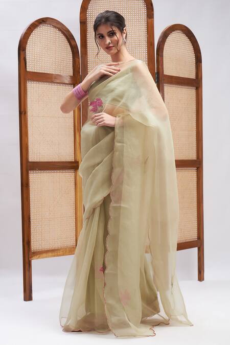 Roohbyridhimaa_Green Silk Organza Masakali Resham Saree With Unstitched Blouse Piece _Online_at_Aza_Fashions
