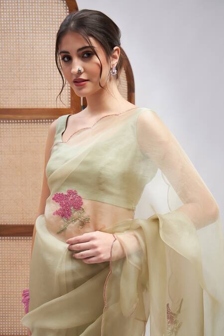 Buy_Roohbyridhimaa_Green Silk Organza Masakali Resham Saree With Unstitched Blouse Piece _Online_at_Aza_Fashions