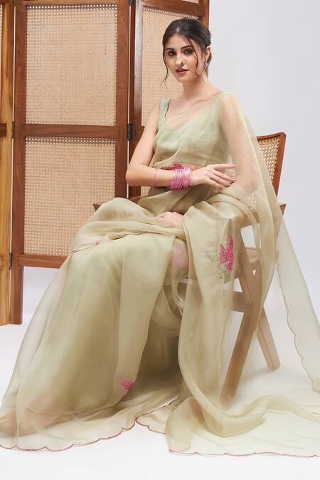 Shop_Roohbyridhimaa_Green Silk Organza Masakali Resham Saree With Unstitched Blouse Piece _Online_at_Aza_Fashions