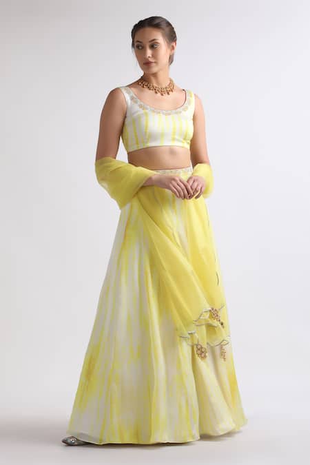 Roohbyridhimaa_Yellow Viscose, Crepe Embroidery Round Neck Mukhee Abstract Pattern Lehenga Set _Online_at_Aza_Fashions