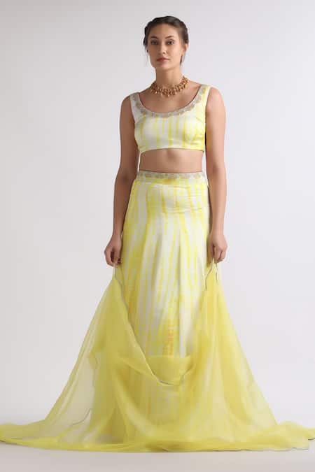 Shop_Roohbyridhimaa_Yellow Viscose, Crepe Embroidery Round Neck Mukhee Abstract Pattern Lehenga Set _Online_at_Aza_Fashions