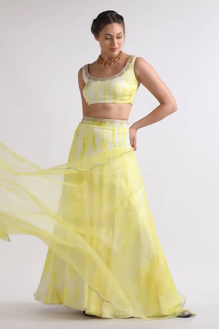 Roohbyridhimaa_Yellow Viscose, Crepe Embroidery Round Neck Mukhee Abstract Pattern Lehenga Set _at_Aza_Fashions