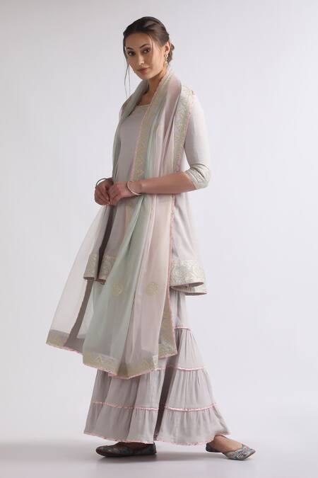 Roohbyridhimaa_Gray Cotton, Silk Organza Lace, Gota Patti Embroidered Ash Grey Anarkali Set _Online_at_Aza_Fashions