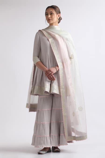 Buy_Roohbyridhimaa_Gray Cotton, Silk Organza Lace, Gota Patti Embroidered Ash Grey Anarkali Set _Online_at_Aza_Fashions
