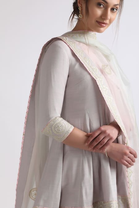Shop_Roohbyridhimaa_Gray Cotton, Silk Organza Lace, Gota Patti Embroidered Ash Grey Anarkali Set _Online_at_Aza_Fashions