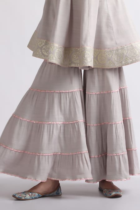 Roohbyridhimaa_Gray Cotton, Silk Organza Lace, Gota Patti Embroidered Ash Grey Anarkali Set _at_Aza_Fashions