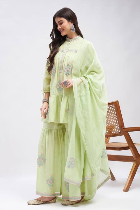 Roohbyridhimaa Green Silk, Cotton Embroidery Collared Pista Resham Kurta Set Online at Aza Fashions Roohbyridhimaa_Green Silk, Cotton Embroidery Collared Pista Resham Kurta Set _Online_at_Aza_Fashions