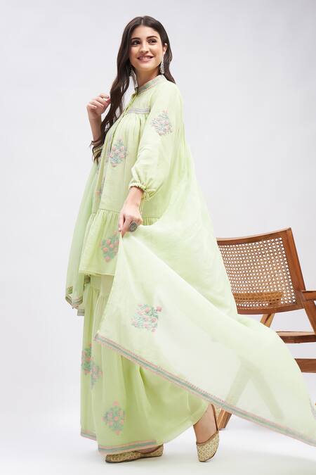 Roohbyridhimaa Green Silk, Cotton Embroidery Collared Pista Resham Kurta Set at Aza Fashions Roohbyridhimaa_Green Silk, Cotton Embroidery Collared Pista Resham Kurta Set _at_Aza_Fashions