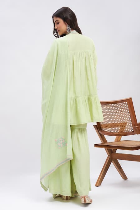 Shop Roohbyridhimaa Green Silk, Cotton Embroidery Collared Pista Resham Kurta Set at Aza Fashions Shop_Roohbyridhimaa_Green Silk, Cotton Embroidery Collared Pista Resham Kurta Set _at_Aza_Fashions