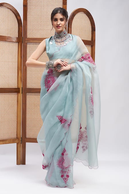 RoohbyRidhimaa Blue Pure Silk Organza Pardarshi Saree With Unstitched Blouse Piece