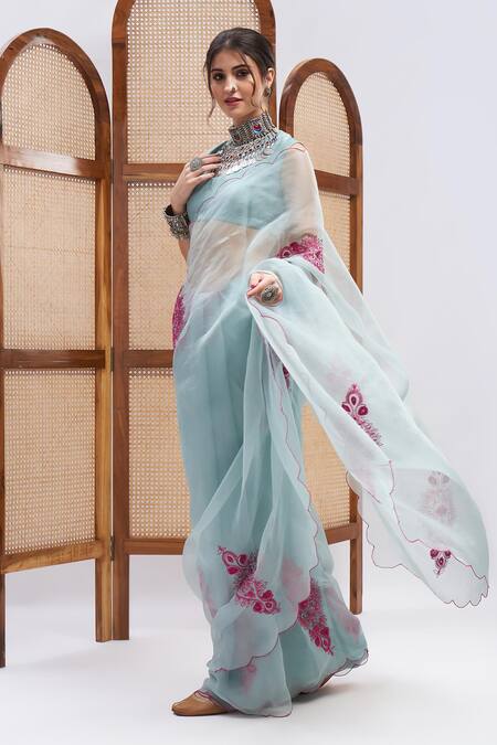 Buy_Roohbyridhimaa_Blue Silk Organza Pardarshi Resham Saree With Unstitched Blouse Piece _Online_at_Aza_Fashions