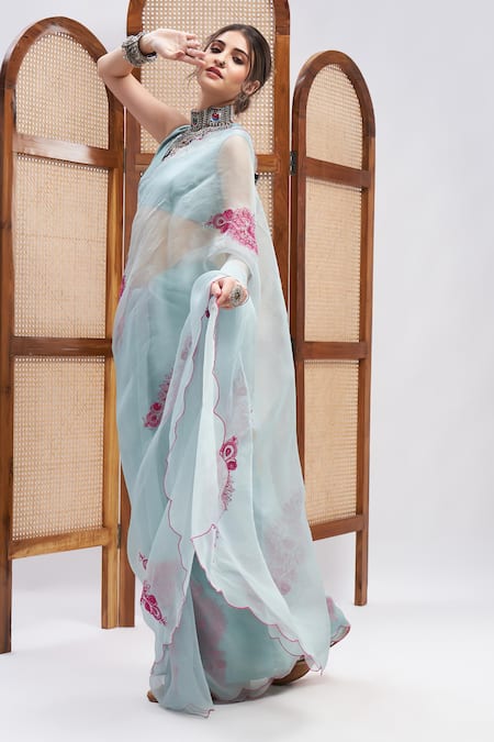 Shop_Roohbyridhimaa_Blue Silk Organza Pardarshi Resham Saree With Unstitched Blouse Piece _Online_at_Aza_Fashions