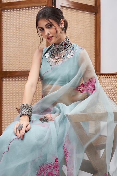 Roohbyridhimaa_Blue Silk Organza Pardarshi Resham Saree With Unstitched Blouse Piece _at_Aza_Fashions