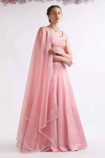 Roohbyridhimaa_Pink Viscose, Crepe Mirrors, Qurbat Bandhej Pattern Panelled Lehenga Set _at_Aza_Fashions