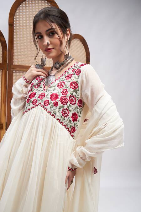 Shop_Roohbyridhimaa_Off White Silk, Cotton Embroidery V-neck Rimjhim Yoke Anarkali Set _Online_at_Aza_Fashions
