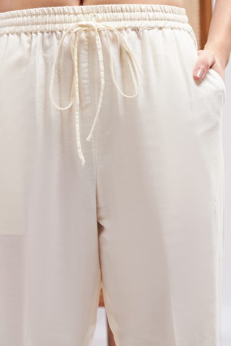 Roohbyridhimaa_Off White Silk, Cotton Embroidery V-neck Ruhaniyat Kaftan And Pant Set _Online_at_Aza_Fashions