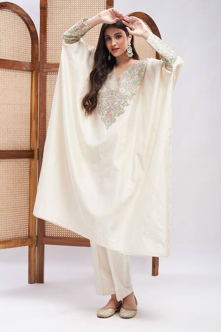 Shop_Roohbyridhimaa_Off White Silk, Cotton Embroidery V-neck Ruhaniyat Kaftan And Pant Set _Online_at_Aza_Fashions