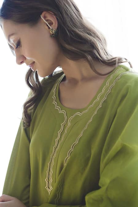 Roohbyridhimaa_Green Organza, Cotton Embroidery, Zari Round Neck Sahiba Kurta Set _Online_at_Aza_Fashions