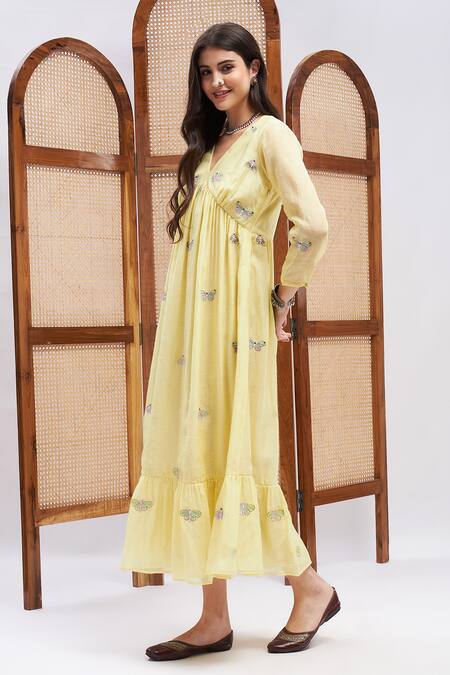 Roohbyridhimaa Yellow Silk, Chanderi Embroidery V-neck Shabab Butterfly Dress Online at Aza Fashions Roohbyridhimaa_Yellow Silk, Chanderi Embroidery V-neck Shabab Butterfly Dress _Online_at_Aza_Fashions