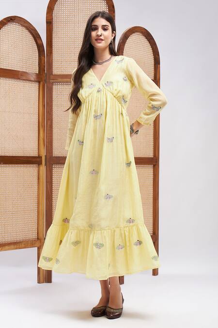 Buy Roohbyridhimaa Yellow Silk, Chanderi Embroidery V-neck Shabab Butterfly Dress Online at Aza Fashions Buy_Roohbyridhimaa_Yellow Silk, Chanderi Embroidery V-neck Shabab Butterfly Dress _Online_at_Aza_Fashions