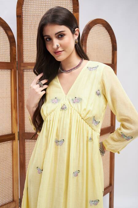 Shop Roohbyridhimaa Yellow Silk, Chanderi Embroidery V-neck Shabab Butterfly Dress Online at Aza Fashions Shop_Roohbyridhimaa_Yellow Silk, Chanderi Embroidery V-neck Shabab Butterfly Dress _Online_at_Aza_Fashions