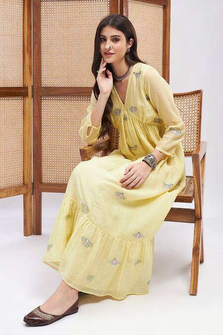 Roohbyridhimaa Yellow Silk, Chanderi Embroidery V-neck Shabab Butterfly Dress at Aza Fashions Roohbyridhimaa_Yellow Silk, Chanderi Embroidery V-neck Shabab Butterfly Dress _at_Aza_Fashions