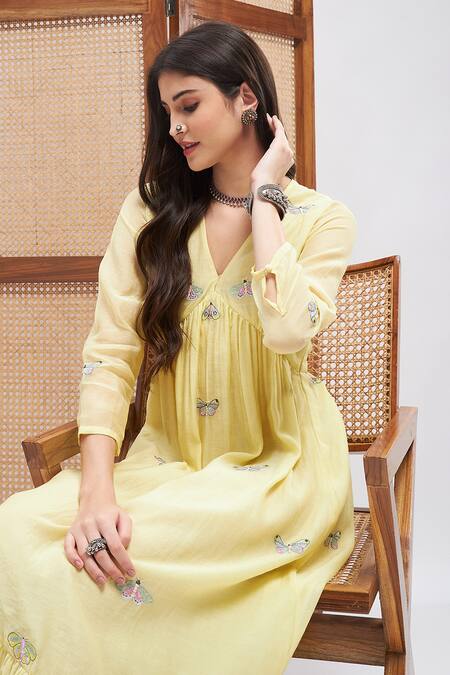Buy Roohbyridhimaa Yellow Silk, Chanderi Embroidery V-neck Shabab Butterfly Dress Buy_Roohbyridhimaa_Yellow Silk, Chanderi Embroidery V-neck Shabab Butterfly Dress