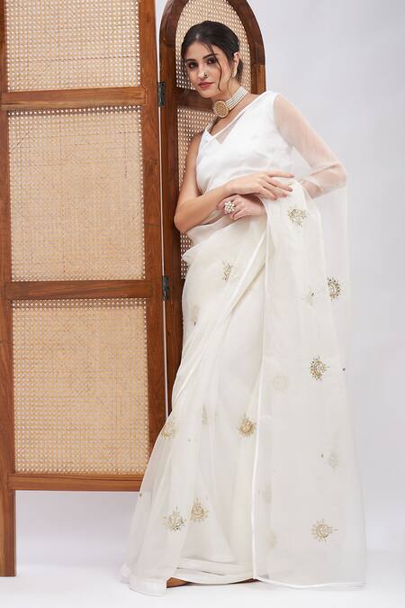 Shop Roohbyridhimaa Off White Silk Organza Shwet Resham Saree With Unstitched Blouse Piece Online at Aza Fashions Shop_Roohbyridhimaa_Off White Silk Organza Shwet Resham Saree With Unstitched Blouse Piece _Online_at_Aza_Fashions