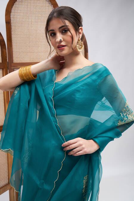 Buy_Roohbyridhimaa_Blue Silk Organza Embroidery Sultaan Resham Saree With Unstitched Blouse Piece _Online_at_Aza_Fashions