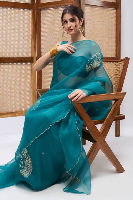 Shop_Roohbyridhimaa_Blue Silk Organza Embroidery Sultaan Resham Saree With Unstitched Blouse Piece _Online_at_Aza_Fashions