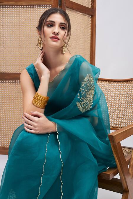 Roohbyridhimaa_Blue Silk Organza Embroidery Sultaan Resham Saree With Unstitched Blouse Piece _at_Aza_Fashions