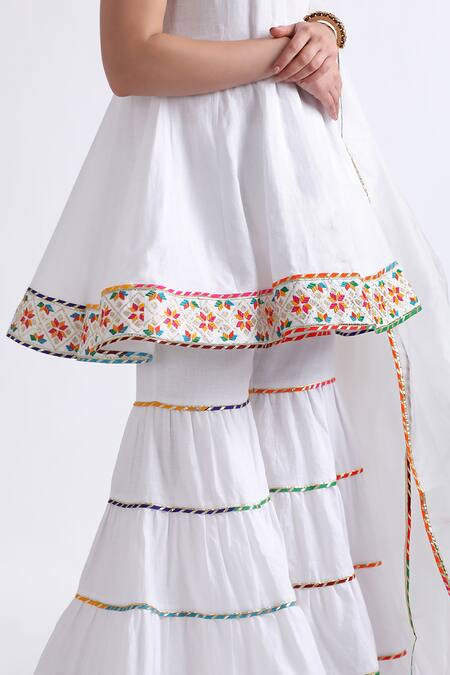 Buy_Roohbyridhimaa_White Organza, Linen, Cotton Embroidery, Bahaar Border Anarkali Sharara Set _Online_at_Aza_Fashions