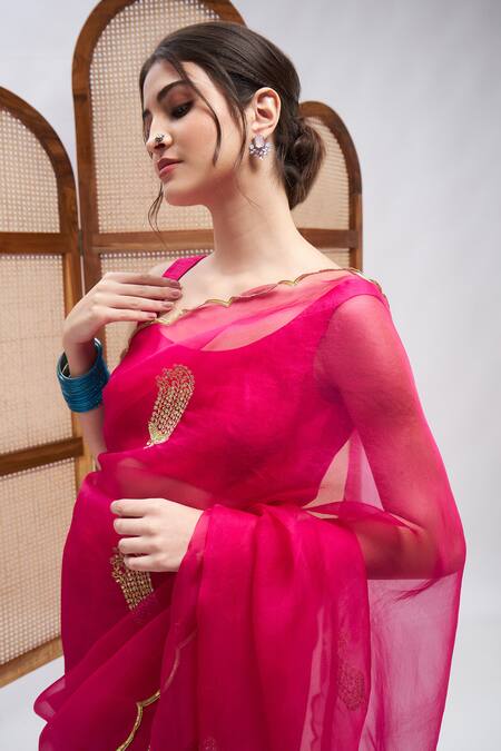 Buy_Roohbyridhimaa_Fuchsia Silk Organza Gulaabo Border Saree With Unstitched Blouse Piece _Online_at_Aza_Fashions