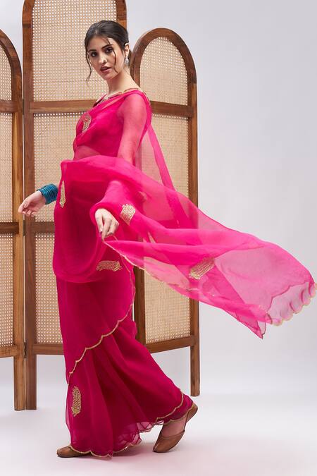 Shop_Roohbyridhimaa_Fuchsia Silk Organza Gulaabo Border Saree With Unstitched Blouse Piece _Online_at_Aza_Fashions